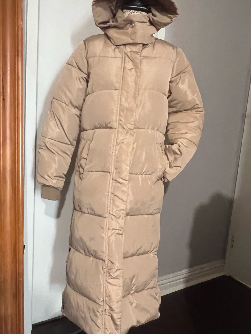 Long Puffer Coat - Tan Hooded Winter Jacket
